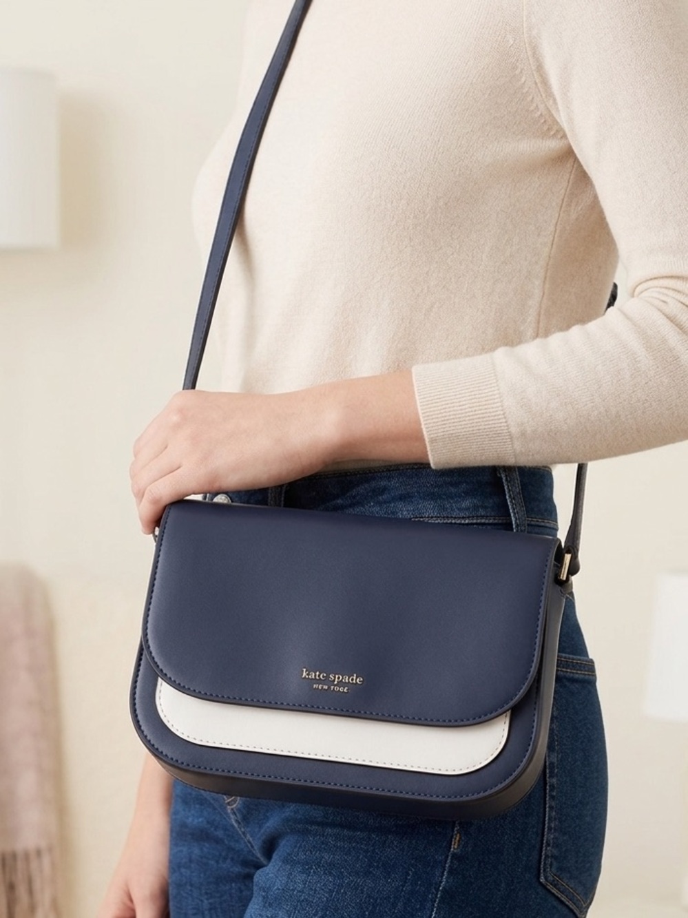 kate spade Navy and White Smooth Leather Crossbody
